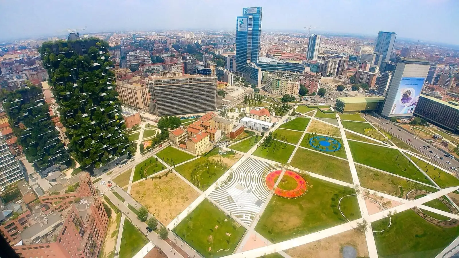 Biblioteca degli Alberi park in Porta Nuova seen from above, with the Bosco Verticale towers on the left