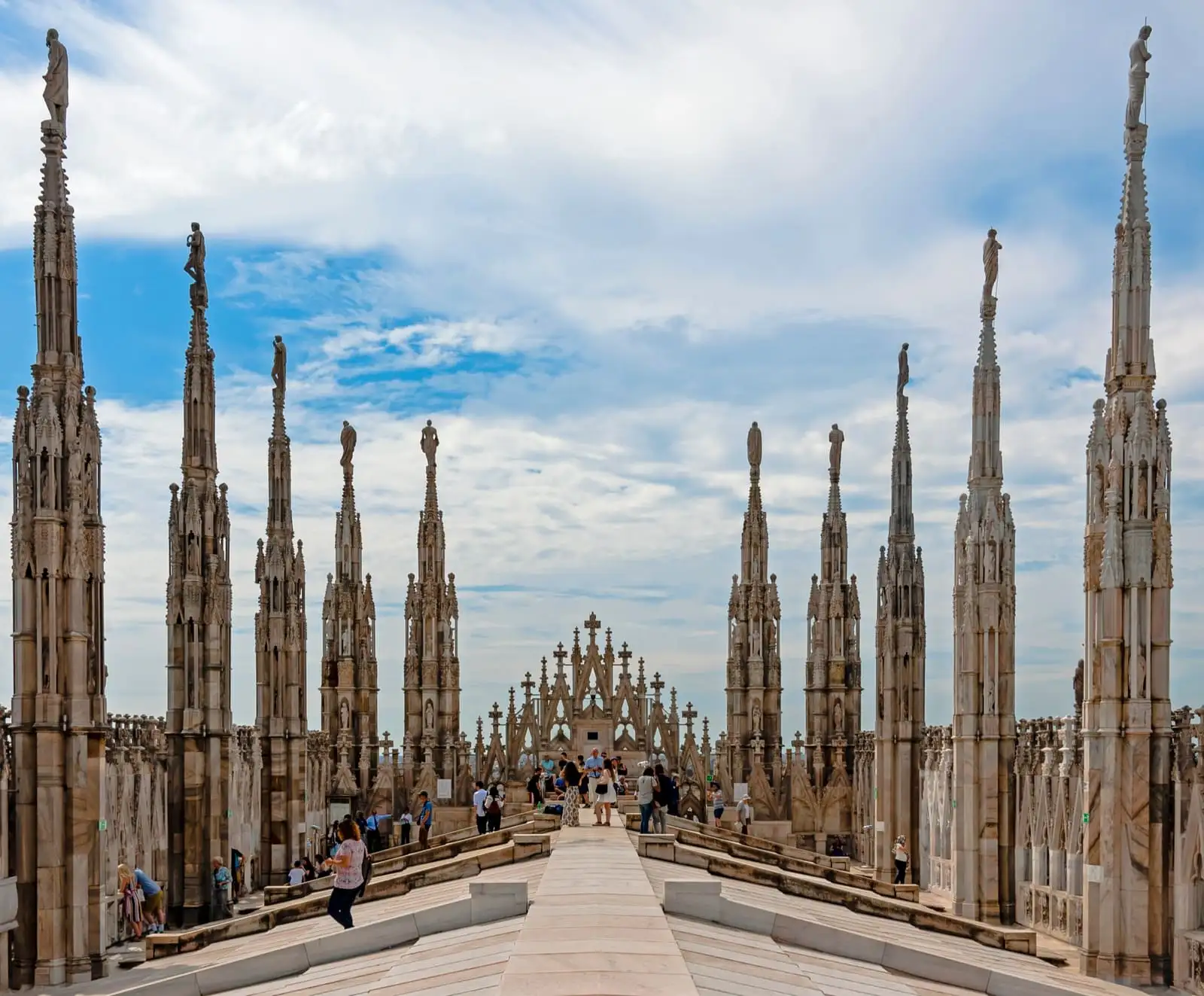 Marble spires and walkway on the rooftop terraces of Milan Cathedral