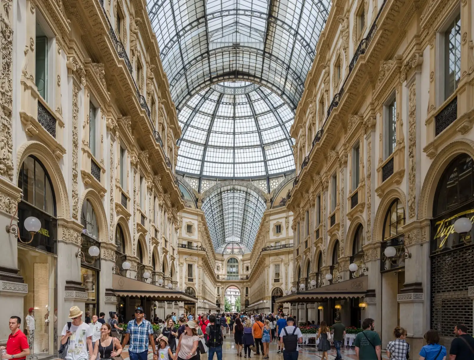 Interior of the Galleria Vittorio Emanuele II with its glass vault and central dome