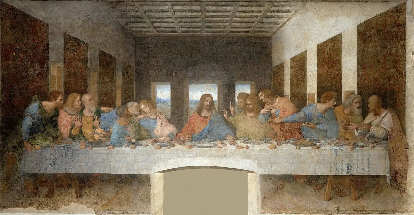 Leonardo da Vinci's Last Supper wall painting, showing Christ and the twelve apostles at a long table