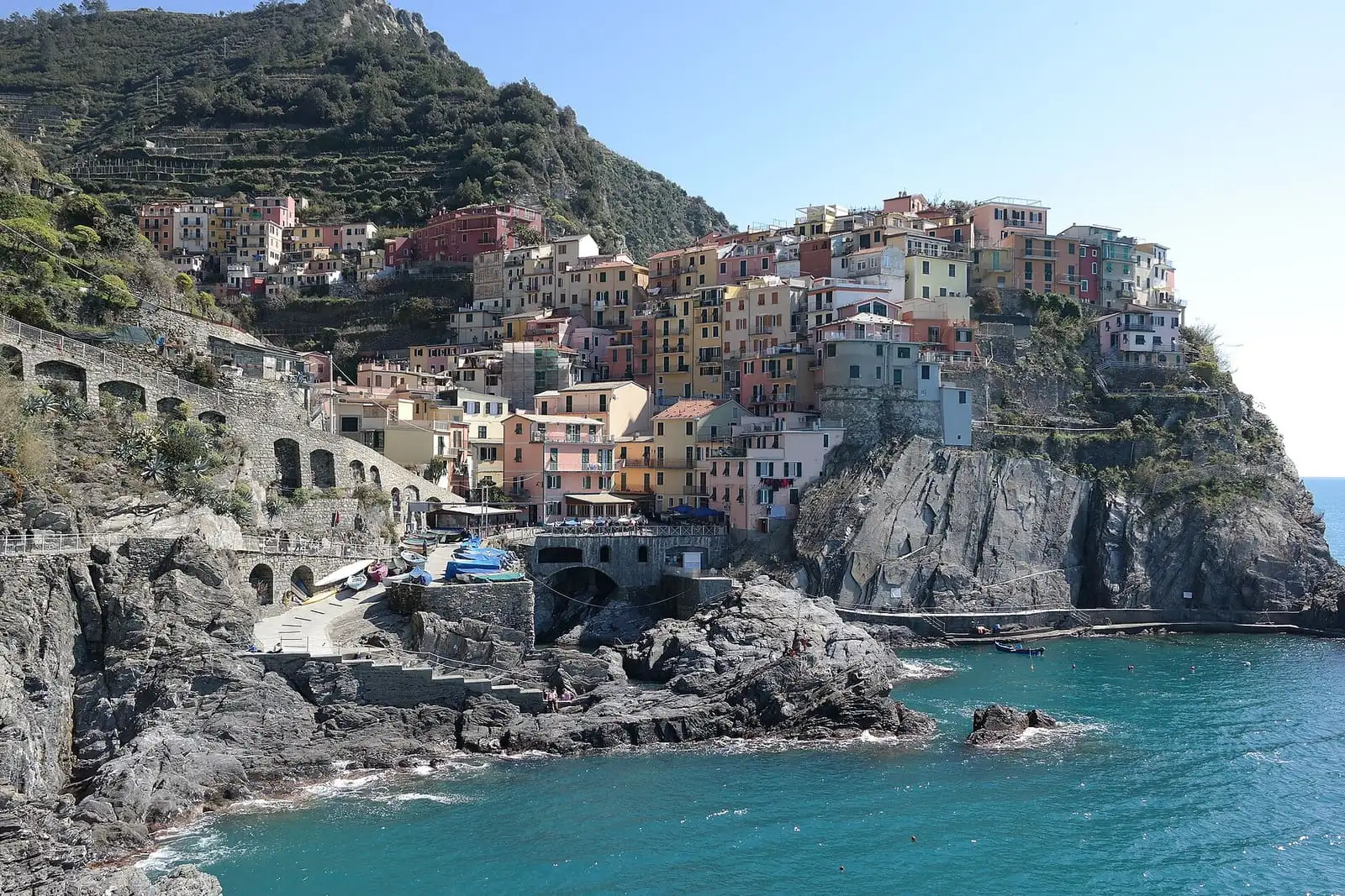 Manarola's pastel houses on a rocky headland above the sea, with terraced hills behind