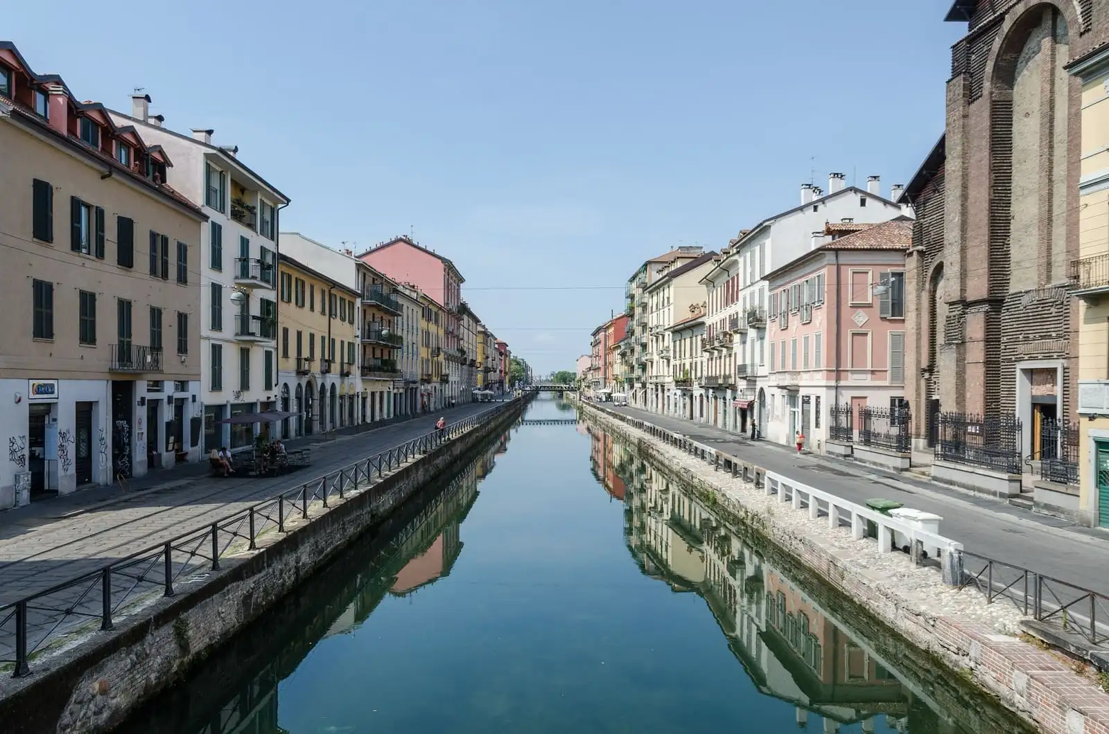 Naviglio Grande canal in Milan lined with colourful buildings under a clear sky