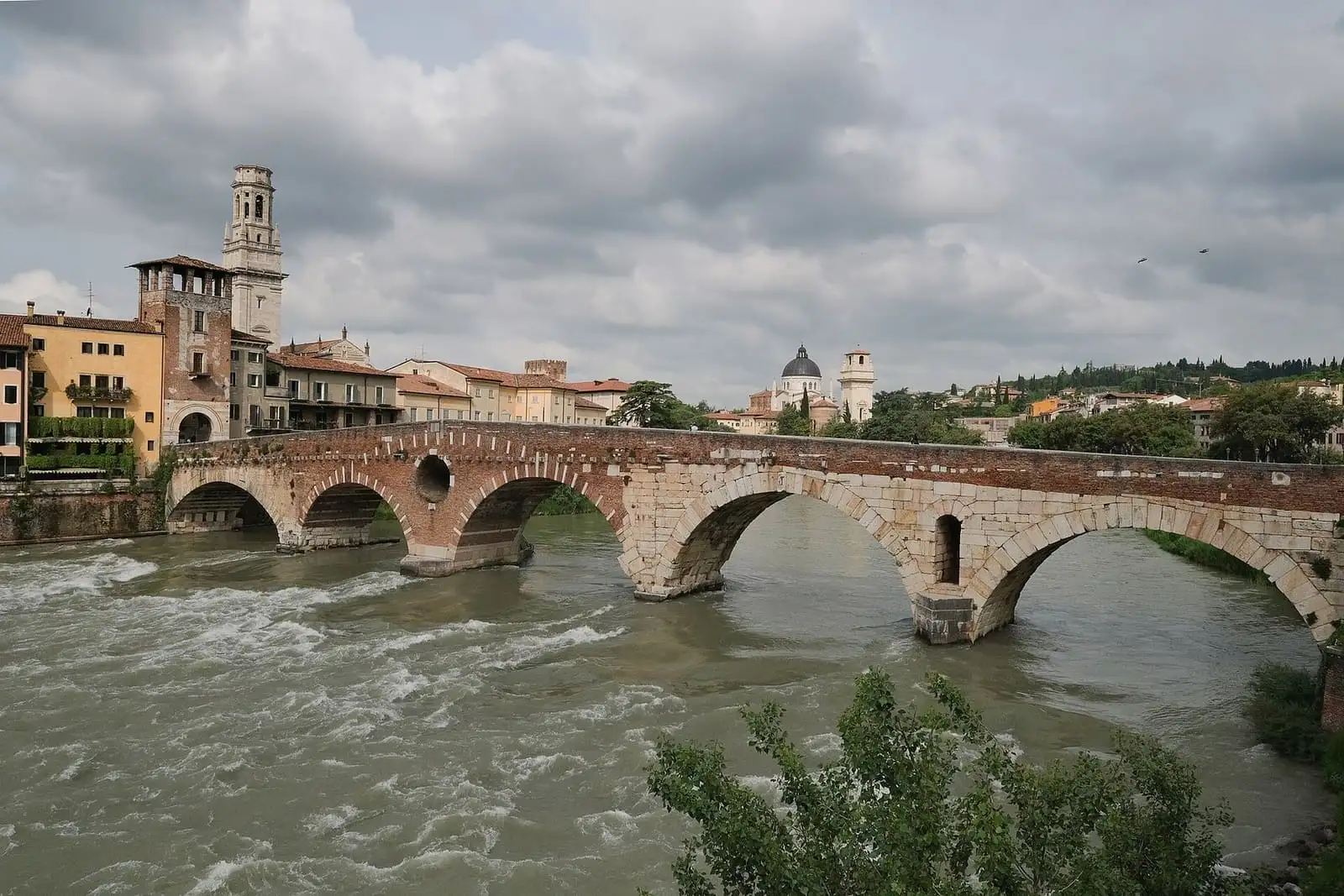 Ponte Pietra, the Roman stone and brick bridge over the Adige river in Verona