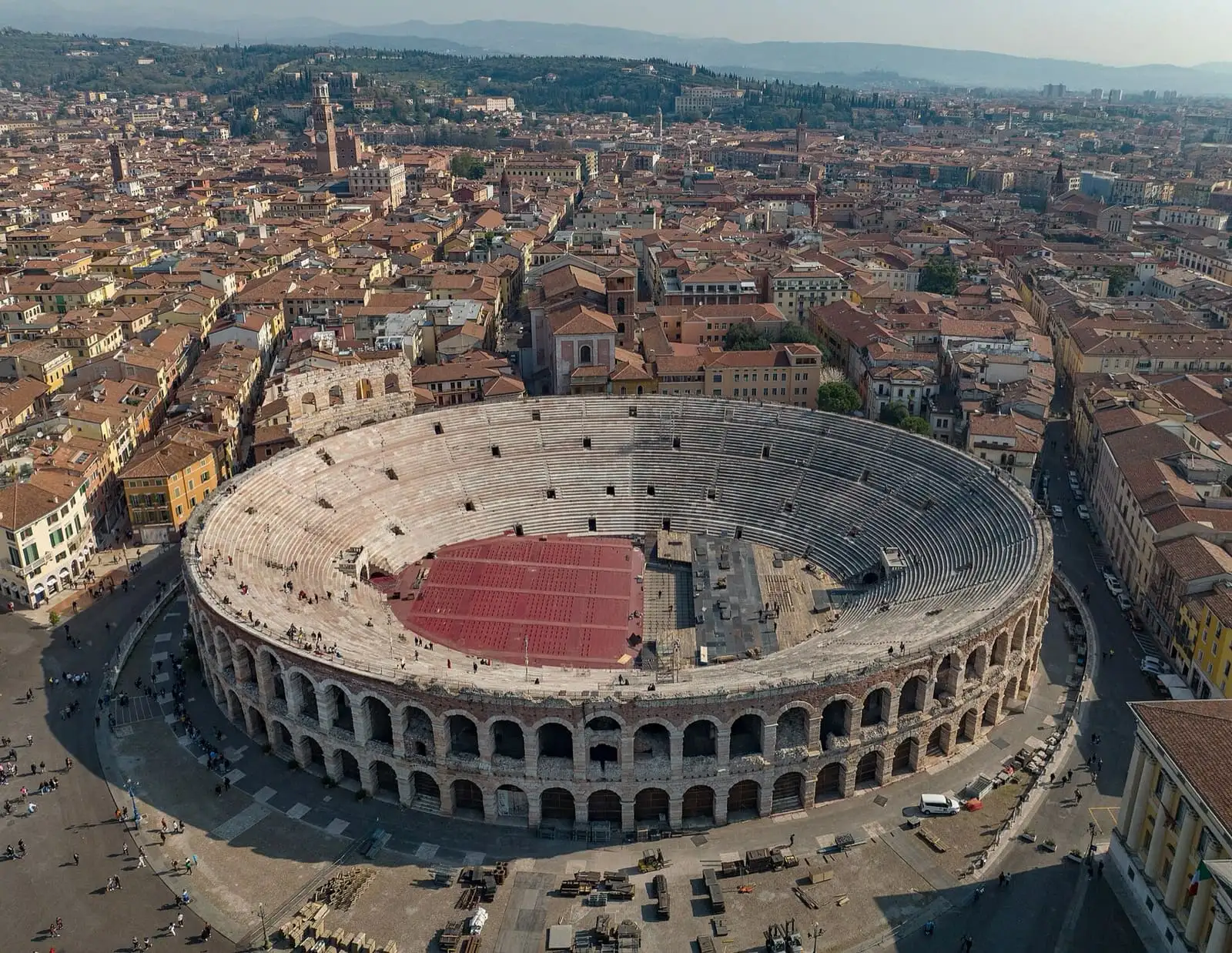 Aerial view of the Roman Arena of Verona on Piazza Bra, surrounded by the rooftops of the old town